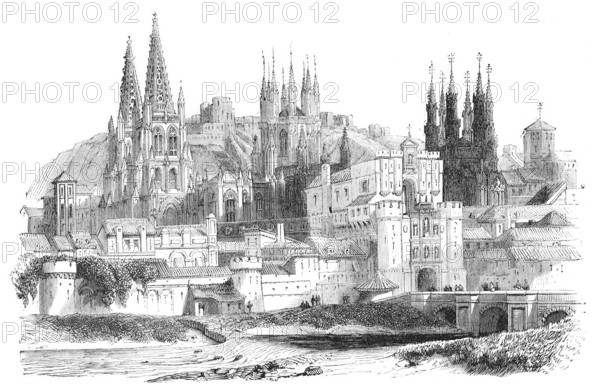 View of Burgos, Castile-Leon, Spain, Historical, Reproduction from an original with a scene from the 19th century