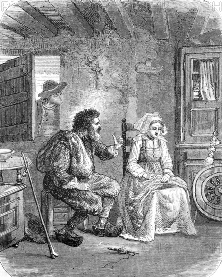 Bride wooer in Brittany, the wooer talks to the woman while the suitor watches through the window, France, Historical, Reproduction of a 19th century scene