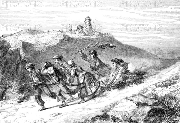 Birch tree ride, children have built a carriage from a birch tree play, Department Creuse in France, Historical, Reproduction of a model with a scene from the 19th century