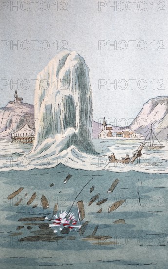 Explosion of a shipwreck by dynamite, 19th century, digitally enhanced reproduction of a 19th century model, historical, exact date unknown