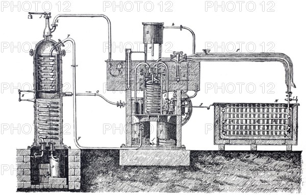 Carresche ice machine, simple form of an adsorption refrigerator utilising the heat of vaporisation of ammonia, digitally improved reproduction of a 19th century model, historical, exact date unknown