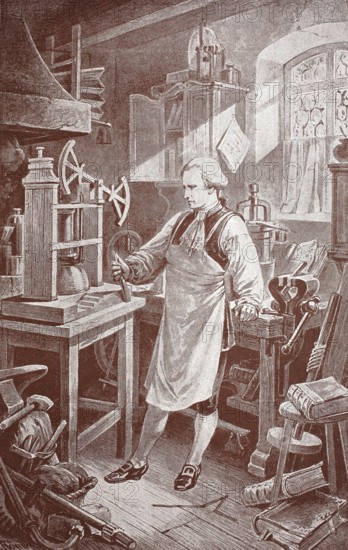 James Watt perfects Newcomen's machine, Thomas Newcomen (1663 to 1729), English inventor, digitally improved reproduction of a 19th century model, historical, exact date unknown