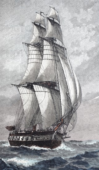 Sailing ship at full speed, digitally enhanced reproduction of a 19th century model, historical, exact date unknown