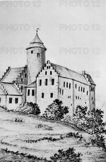 Lisberg Castle in the Middle Ages, an early medieval Spornburg in the district of Bamberg, Upper Franconia, Bavaria, Germany, digitally enhanced reproduction of an original from the 19th century, historical, exact date unknown