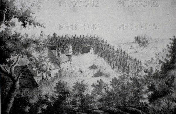 GrÃ¼nsberg Castle near Altdorf in the Nuremberg region in the Middle Ages, Middle Franconia, Germany, digitally enhanced reproduction of a 19th century original, historical, exact date unknown