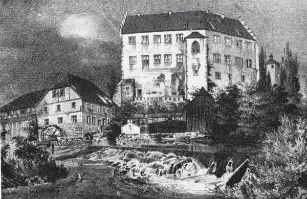 Aschach Castle in Mittelater, district of Bad Bocklet, district of Bad Kissingen, Bavaria, Germany, digitally enhanced reproduction of a 19th century original, historical, exact date unknown