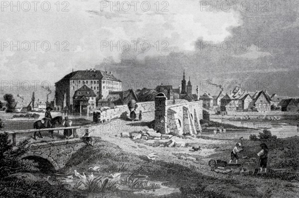 HÃ¶chstadt Castle in the Middle Ages, HÃ¶chstadt an der Aisch, Middle Franconia, Bavaria, Germany, digitally enhanced reproduction of a 19th century original, historical, exact date unknown