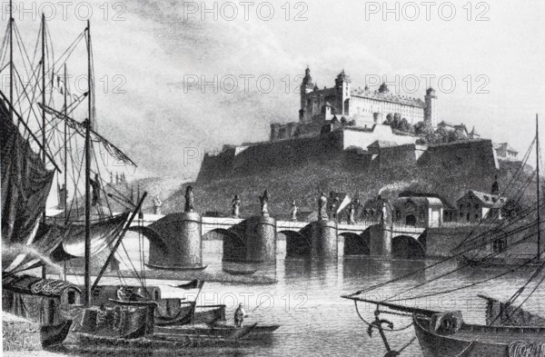 Marienburg Fortress in WÃ¼rzburg in the Middle Ages, Lower Franconia, Bavaria, Germany, digitally enhanced reproduction of a 19th century original, historical, exact date unknown