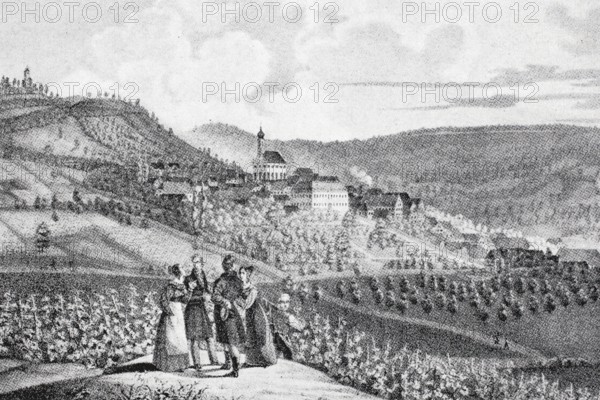 Castell Castle in the Middle Ages, district of Kitzingen, Lower Franconia, Bavaria, Germany, digitally enhanced reproduction of a 19th century original, historical, exact date unknown