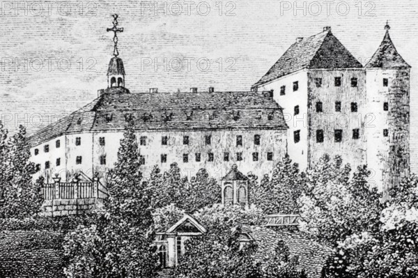 Neuguttenberg Castle and its predecessor buildings Alt- and Neuguttenberg Castle in the Middle Ages, castle complexes in the municipality of Guttenberg, Kulmbach district, Upper Franconia, Bavaria, Germany, digitally enhanced reproduction of a 19th century original, historical, exact date unknown