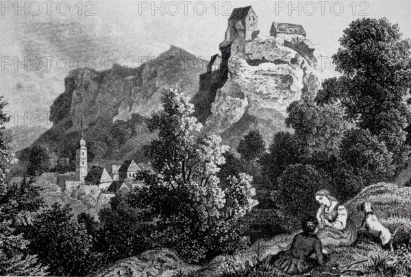 Pottenstein Castle in Franconian Switzerland in the Middle Ages, Bayreuth district, Upper Franconia, Bavaria, Germany, digitally enhanced reproduction of a 19th century original, historical, exact date unknown