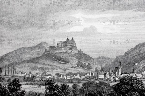 Plassenburg Castle and the town of Kulmbach in the Middle Ages, Upper Franconia, Bavaria, Germany, digitally enhanced reproduction of a 19th century original, historical, exact date unknown
