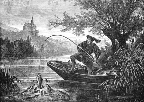 The legend of the stag guilder, Schalksburgsage, successful angler in a boat in front of the Zollernburg (Hirschberg?), Germany, Historical, Reproduction from a model with a scene from the 19th century