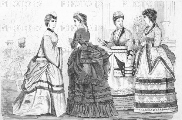 Women in winter fashion around 1870 in Germany, Historical, Reproduction from a model with a scene from the 19th century