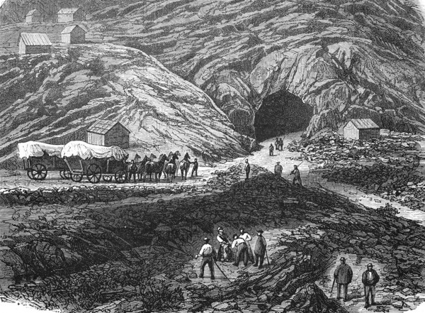 Pacific railway, Construction of a railway tunnel, Tunnel in the Sierra Nevada, America, Historical, Reproduction of a model with a scene from the 19th century