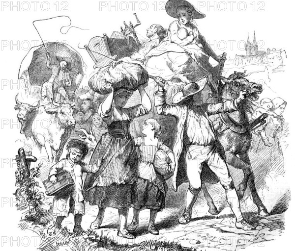 The refugees, family leaves with bag and baggage a city in which they are not wanted, Historical, Reproduction of a model with a scene from the 19th century