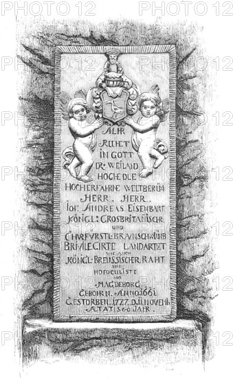 The tomb of Dr Eisenbart at the Aegidienkirche in Hann. MÃ¼nden, Johann Andreas Eisenbarth, Eisenbart, Eysenbart, Eysenparth born probably on 27 March 1663, died 11 November 1727, was a German craftsman surgeon who achieved great fame throughout the country through his healing successes as a travelling surgeon, especially as a stone and fracture cutter and ophthalmologist as a cataract engraver, Historical, reproduction from a model with a scene from the 19th century