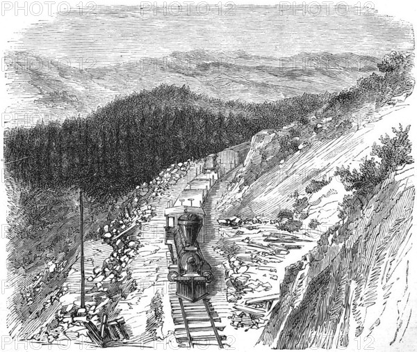 The Pacific Railway in America, Historical, Reproduction from a model with a scene from the 19th century