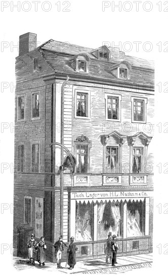 Haus mit der Rippe, historical building in Berlin on the corner of Molkenmarkt and Bollengasse. The house got its nickname because a large bone, more precisely a shoulder blade and a rib, which is said to have come from a giant, are attached to its faÃ§ade, Germany, Historical, Reproduction from a 19th century model with a scene from the 19th century