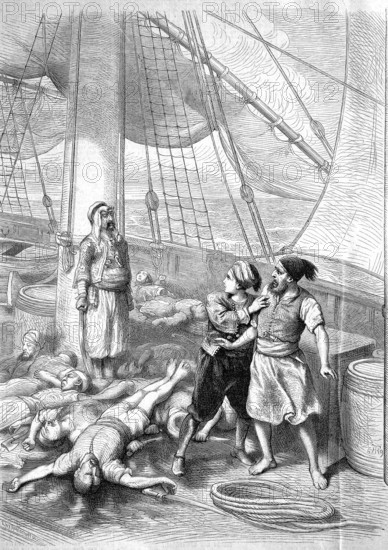 Illustration for the German fairy tale Das Gespesterschiff, story by Wilhelm Hauff. The captain nailed to the mast, historical, reproduction of an original with a scene from the 19th century