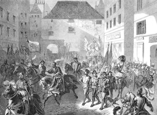 Escalade de Geneve, L'Escalade or Fete de l'Escalade is an annual festival to commemorate the successful defence of the city of Geneva against Charles Emmanuel of Savoy on the night of 21 December 1602 to 22 December 1602, here the event in 1869, historical, reproduction from a model with a scene from the 19th century