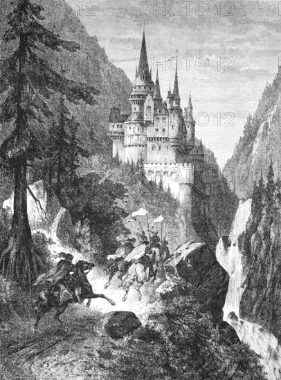The legend of the stag guilder, Schalksburgsage, Rider on the way to the Schalkburg (Hirschberg?), Germany, Historical, Reproduction from an original with a scene from the 19th century