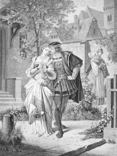 Young lovers, Faust and Gretchen after the novel by Johann Wolfgang Goethe, historical, reproduction of a model with a scene from the 19th century