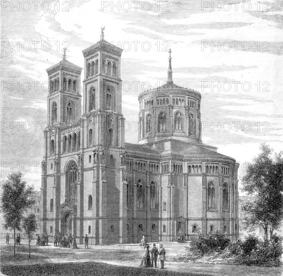 The Thomaskirche, St Thomas Church on Mariannenplatz is a neo-Romanesque church building in Berlin-Kreuzberg, Germany, Historical, Reproduction from an original with a scene from the 19th century