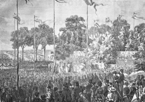 The inauguration of the Humboldthain near Berlin on 14 September 1869, the 100th birthday of Alexander von Humboldt, Historical, Reproduction from a model with a scene from the 19th century