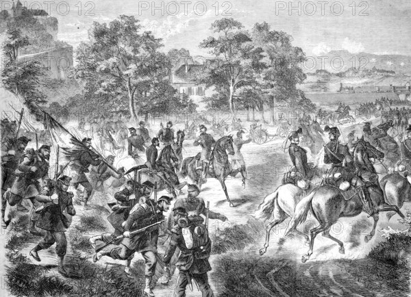 Manoeuvre of the third federal division in autumn 1869, battle near Pompaples in Switzerland, in the foreground the battle, on the left on a hill a castle with 2 towers, on the right in the background a village, historical, reproduction from a template with a scene from the 19th century