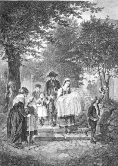 Returning home from the christening, family with the newborn on the way home from church, Germany, Historical, Reproduction of a model with a scene from the 19th century