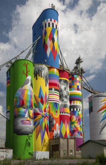 Saginaw, Michigan - The Shine Bright mural on abandoned grain elevators. The mural was created when the community raised $50, 000 to bring Spanish street artist Okuda San Miguel (OKUDA) to Saginaw