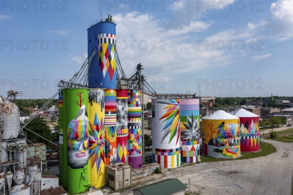Saginaw, Michigan - The Shine Bright mural on abandoned grain elevators. The mural was created when the community raised $50, 000 to bring Spanish street artist Okuda San Miguel (OKUDA) to Saginaw