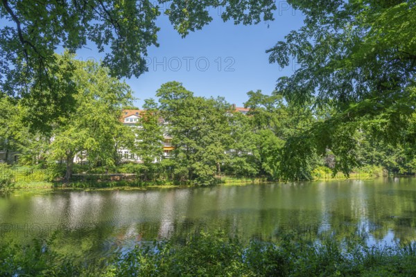 View across the water to Contresarpe Street, Bremen ramparts, formerly part of the city fortifications with ramparts and moat, today a park, water reflection, nature experience, history, Bremen, Germany