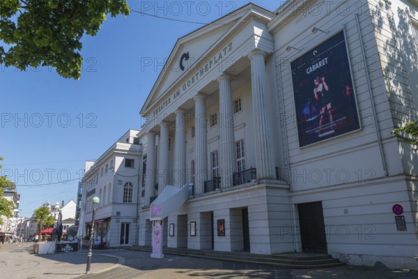 Theatre at Goetheplatz, playhouse with neoclassical columned front, ramparts, eastern suburb, Ostertor quarter, Johann Wolfgang Goethe, historic square, reconstruction after WW II by architects Werner Commichau and Hans Storm, architecture, culture, leisure, posters, Bremen, Germany