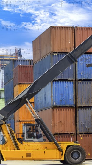 Busy international industrial port with freight and shipment docks and cargo containers