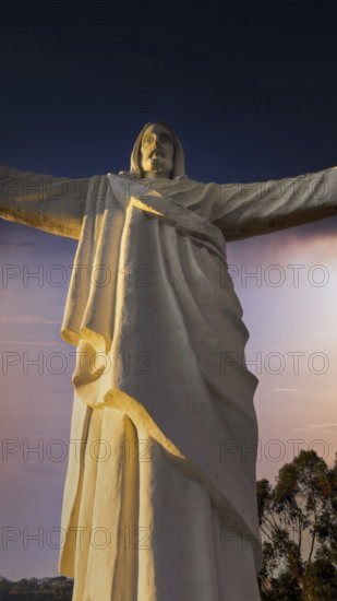 Peru. White Jesus Christ lookout, scenic panoramic view of Cusco from Christo Blanco viewpoint