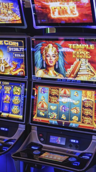 Las Vegas, USA, 2 May, 2025: Casino gambling blackjack and slot machines waiting for gamblers and tourist to spend money