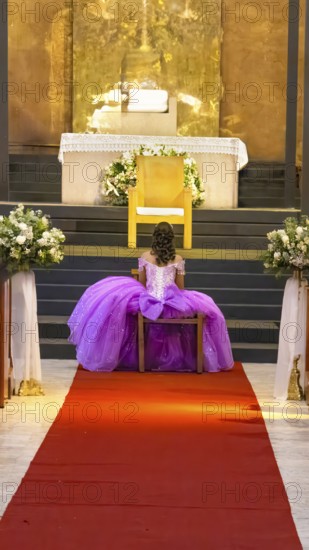 Typical Mexican church with a bride preparing for a wedding inside the church