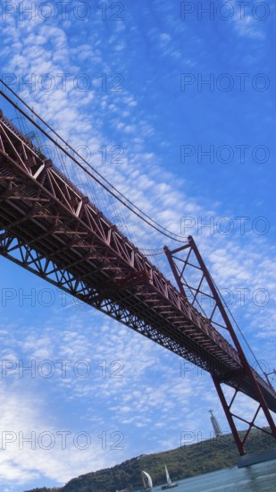 Lisbon, Landmark suspension 25 of April bridge over Tagus reiver near Belem tower