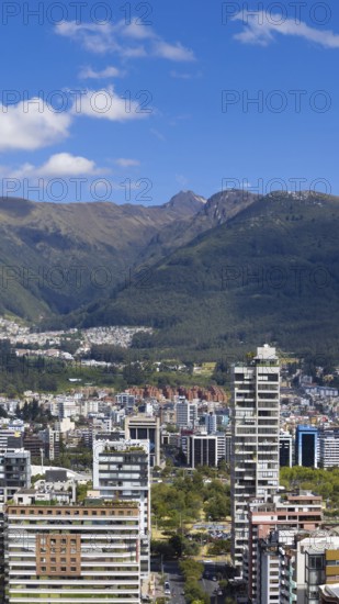Quito, Ecuador. Panoramic skyline of Carolina Park modern condominiums in central business district