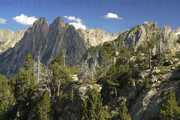 The Els Encantats mountain range in the AigÃ¼estortes i Estany de Sant Maurici National Park, Catalonia, Spain