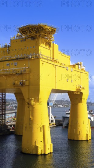 Haugesund port in Norway. Drilling oil rig platform to explore oil and gas fields near coastline