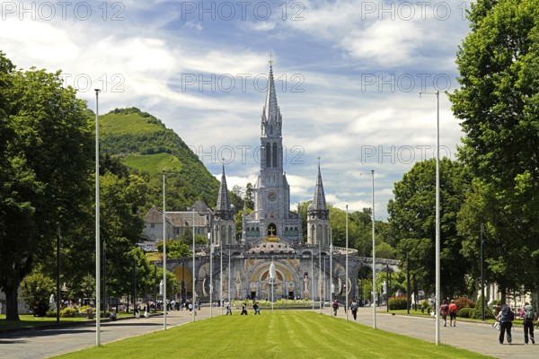 Saint district of Lourdes with the Rosary Square and basilica in the Marian pilgrimage town of Lourdes, Pyrenees, France