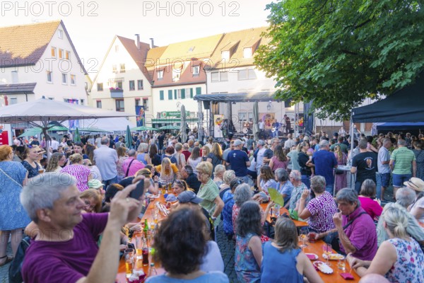 Large crowd enjoying an outdoor concert with seats and surrounding houses, 950 years Weil der Stadt ceremony, Böblingen district, Germany
