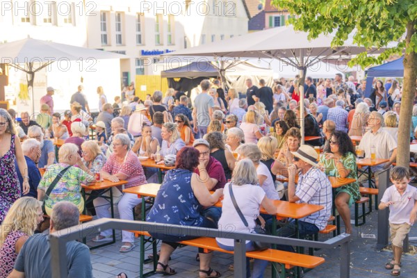 People enjoying a summer get-together at outdoor beer tables under trees, 950 years Weil der Stadt ceremony, Böblingen district, Germany