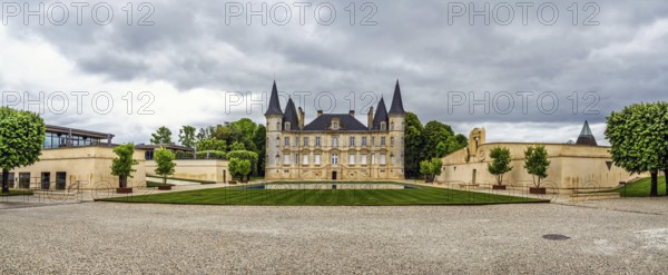Panorama of Vineyard of Chateau Pichon Longueville Baron Vineyard and grape fields around Pauillac, Bordeaux, Gironde, Nouvelle-Aquitaine, France