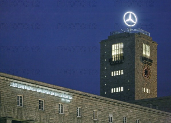 Stuttgart Central Station in front of the start of the Stuttgart 21 project. With investments totalling several billion euros, the construction work is intended to turn the old station into a modern through station. A quote from Georg Wilhelm Friedich Hegel is illuminated on the Bonatzbau: ... THAT THIS FEAR OF IRRENCE IS IRRENCE ITSELF. Stuttgart, Baden-WÃ¼rttemberg, Germany