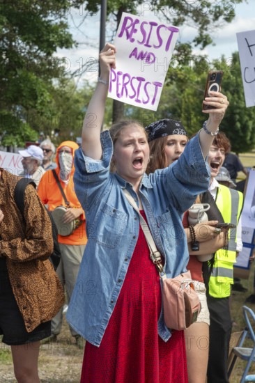 Baldwin, Michigan USA - 4 July 2025 - Activists rally against the North Lake Correctional Facility, which has just been reopened as the largest immigrant detention center in the Midwest. The rural Michigan facility is owned by the GEO Group and will house immigrants detained by ICE