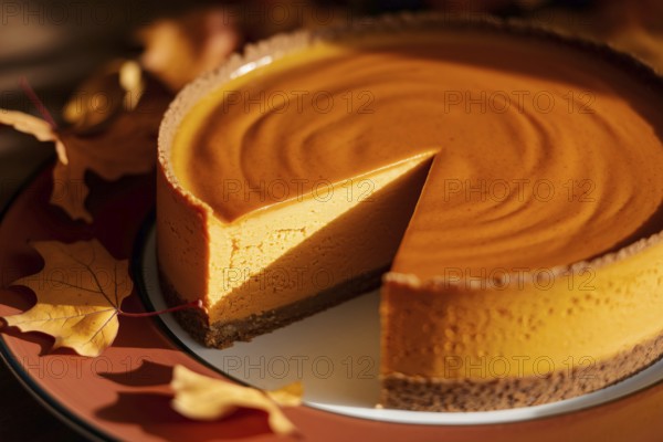 Creamy pumpkin cheesecake with piece taken out on autumn plate with rust-colored leaves and warm cozy lighting. Generative ai, AI generated